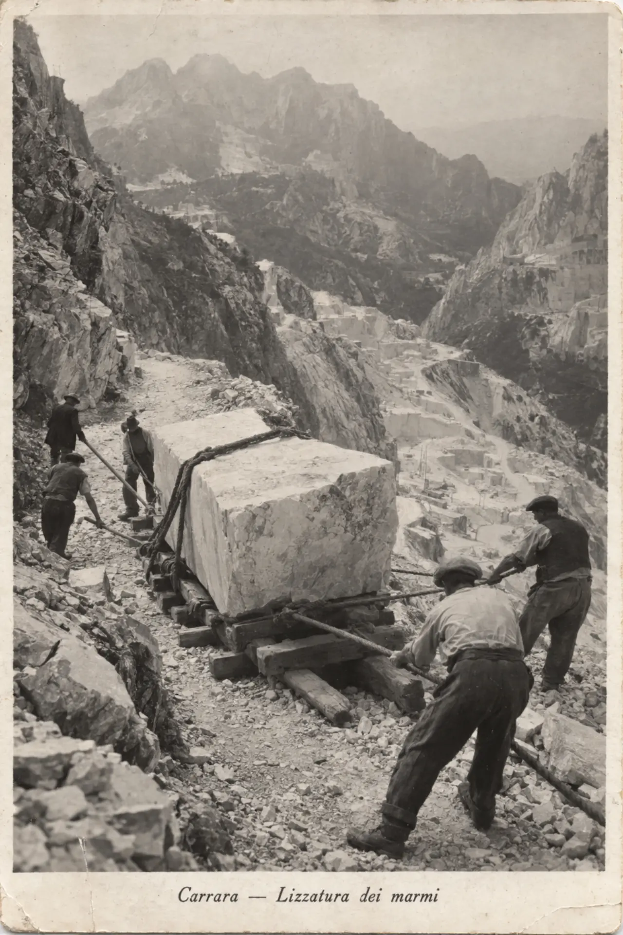 Archival Carrara postcard — workers moving marble blocks by lizzatura